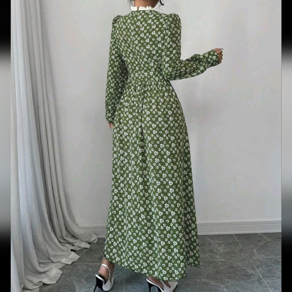 Women's Woven Printed Button Front Cinched Waist Long Sleeve Dress - Picture 2 of 4